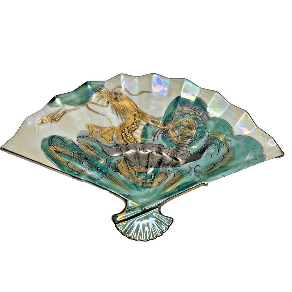 Aito China Dragon Hand Painted 18k Gold Vtg 12” Lusterware sector trinket dish